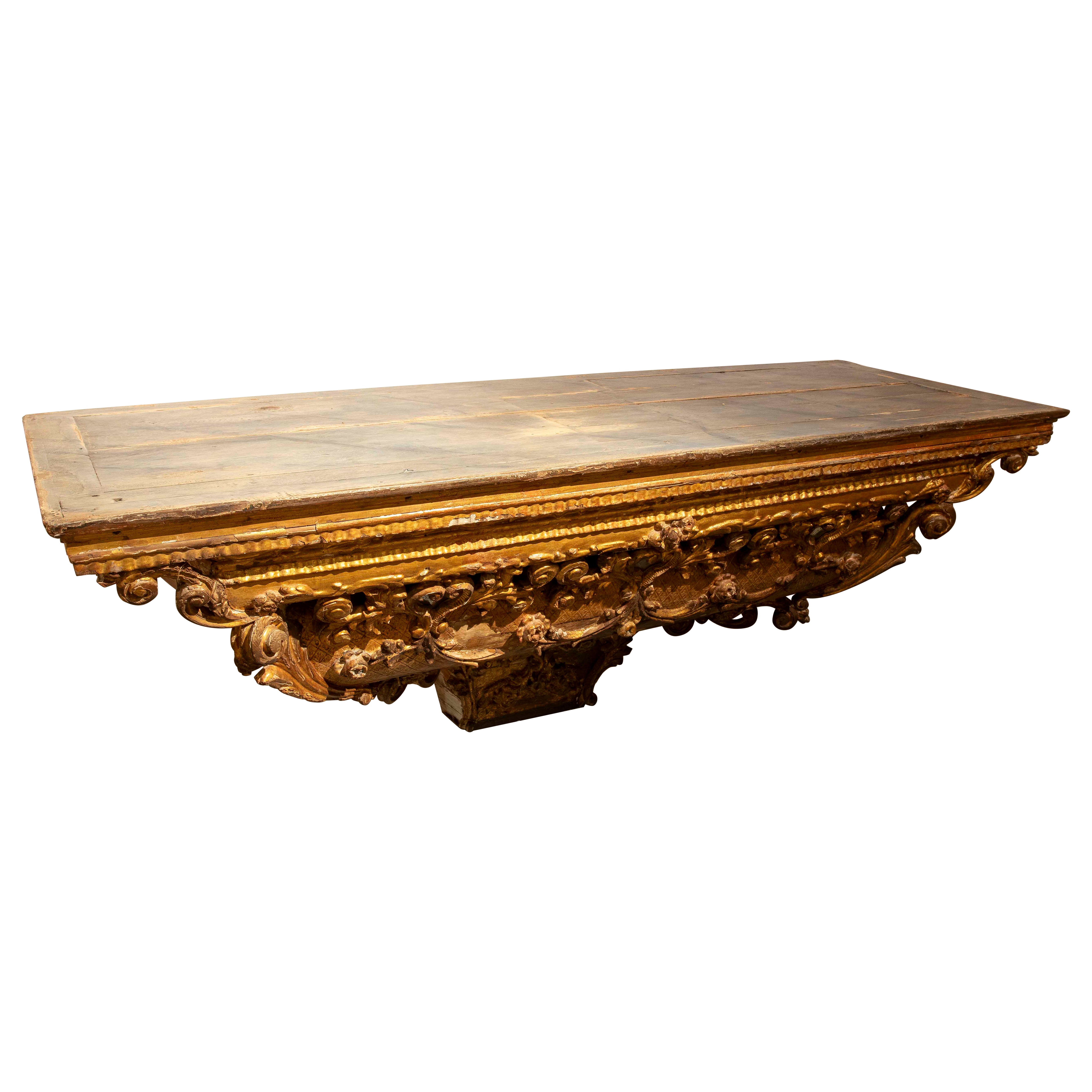 18th Wooden Wall Console of An Antique Altar, Polychrome and Gilded