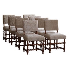 Set of 8 Swedish Baroque Style Dining Chairs, Reupholstered in Lambswool, 1920s