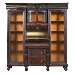 Antique R. J. Horner Style Victorian Mahogany Glass Front Triple Bookcase with Secretary