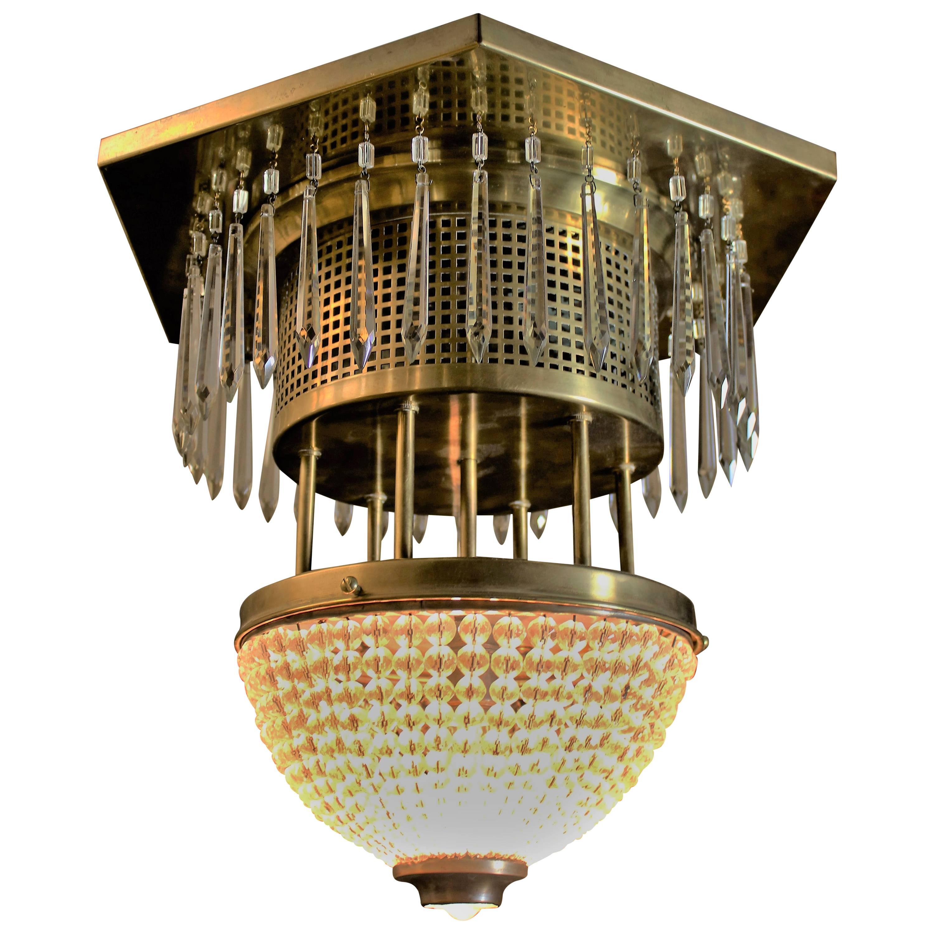 Custom Made Crystal & Brass Ceiling Mount  Light Fixture