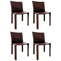 Set of Four Leather Cab Chairs by Mario Bellini for Cassina in Matte Mahogany