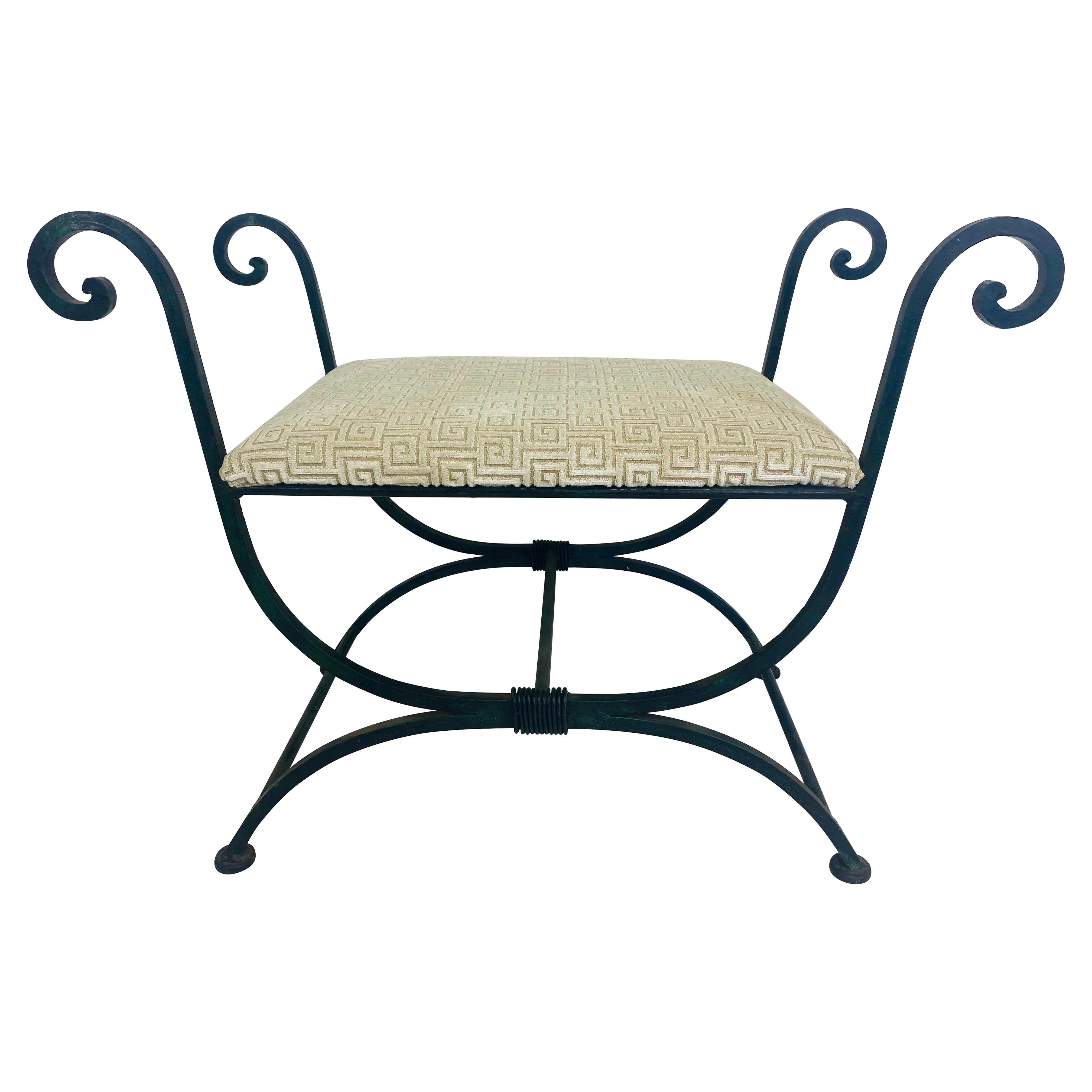 Vintage hand wrought iron classical style upholstered bench