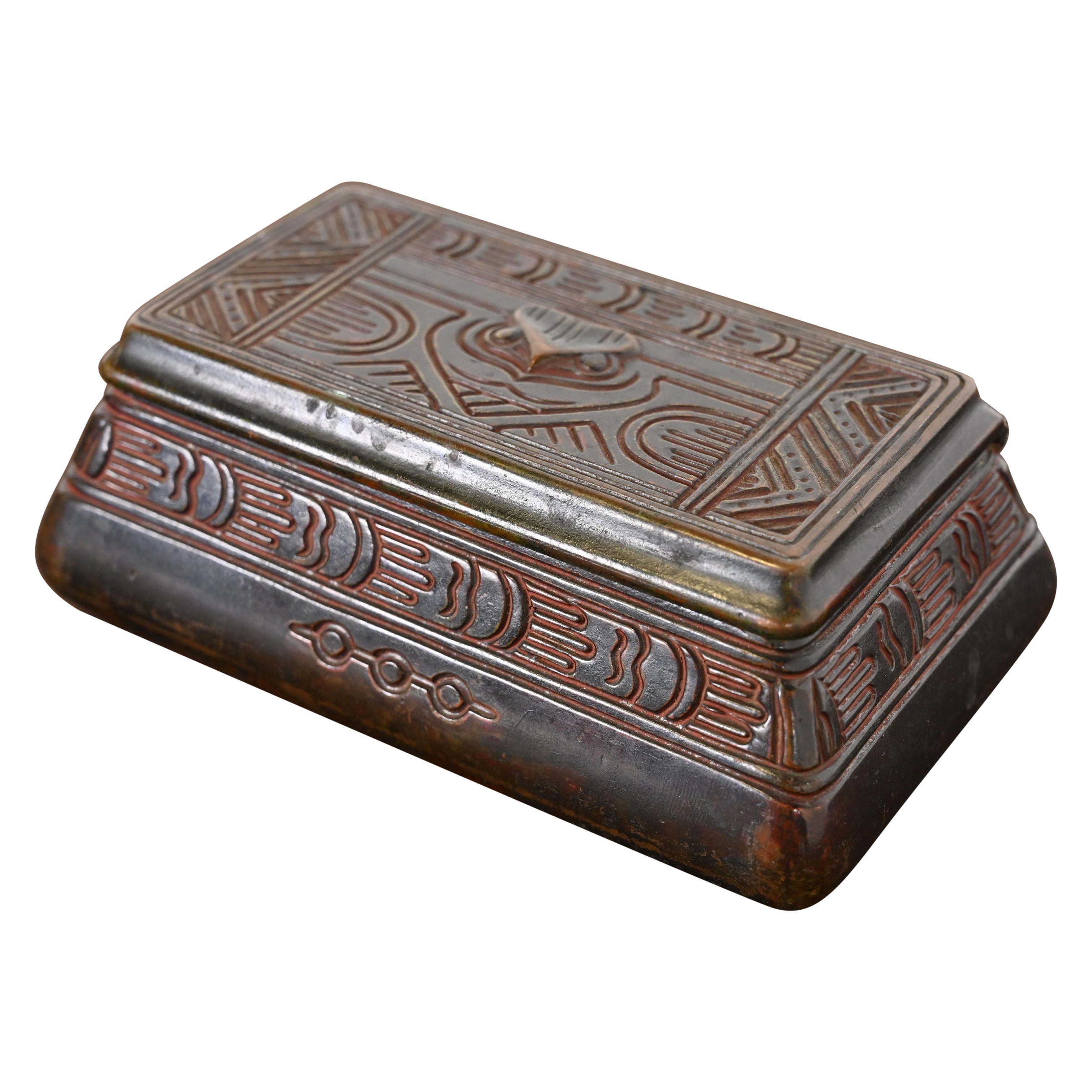 Tiffany Studios New York American Indian Patinated Bronze Stamp Box For Sale