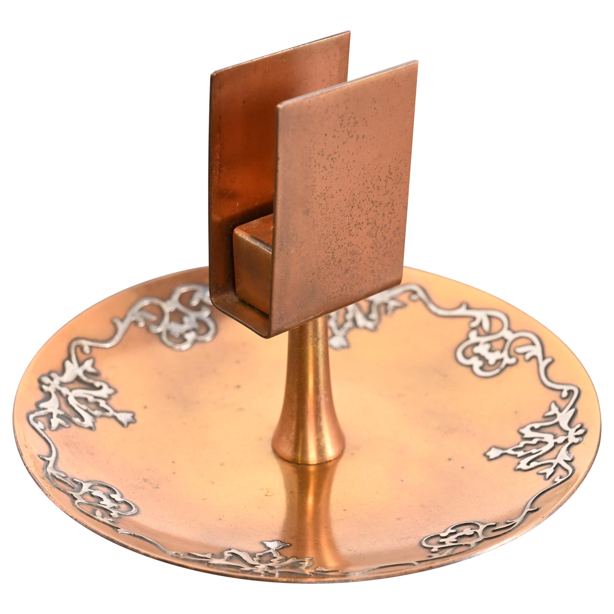 Cenicero Heintz Arts & Crafts de plata de ley sobre bronce con caja para cerillas