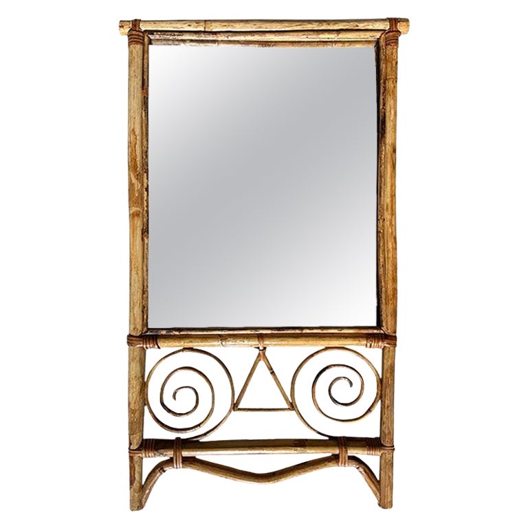 Vintage Italian Torched or Tortoise Bamboo Wall Mirror - 1970s Italy