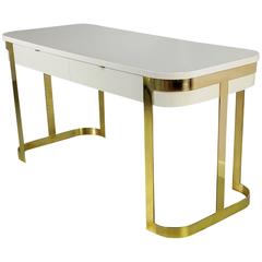 Excellent White Lacquer and Brass Writing Desk after Milo Baughman, 1970s