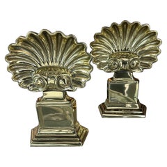 Polished Brass Pair Palm Beach Seashell Scalloped Shell Fireplace Andirons