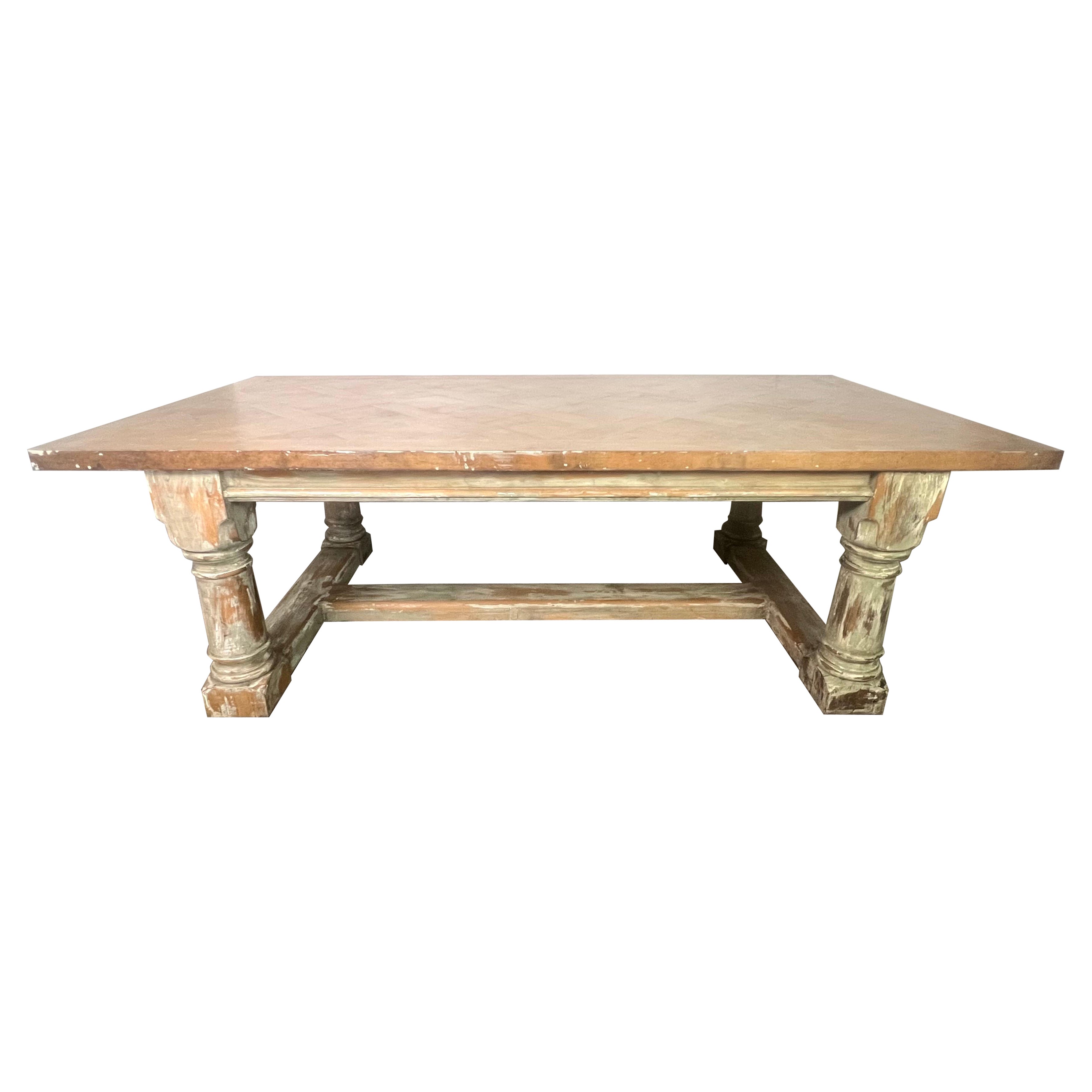 Rustic Painted Dining Table w/ Herringbone Pattern Top For Sale