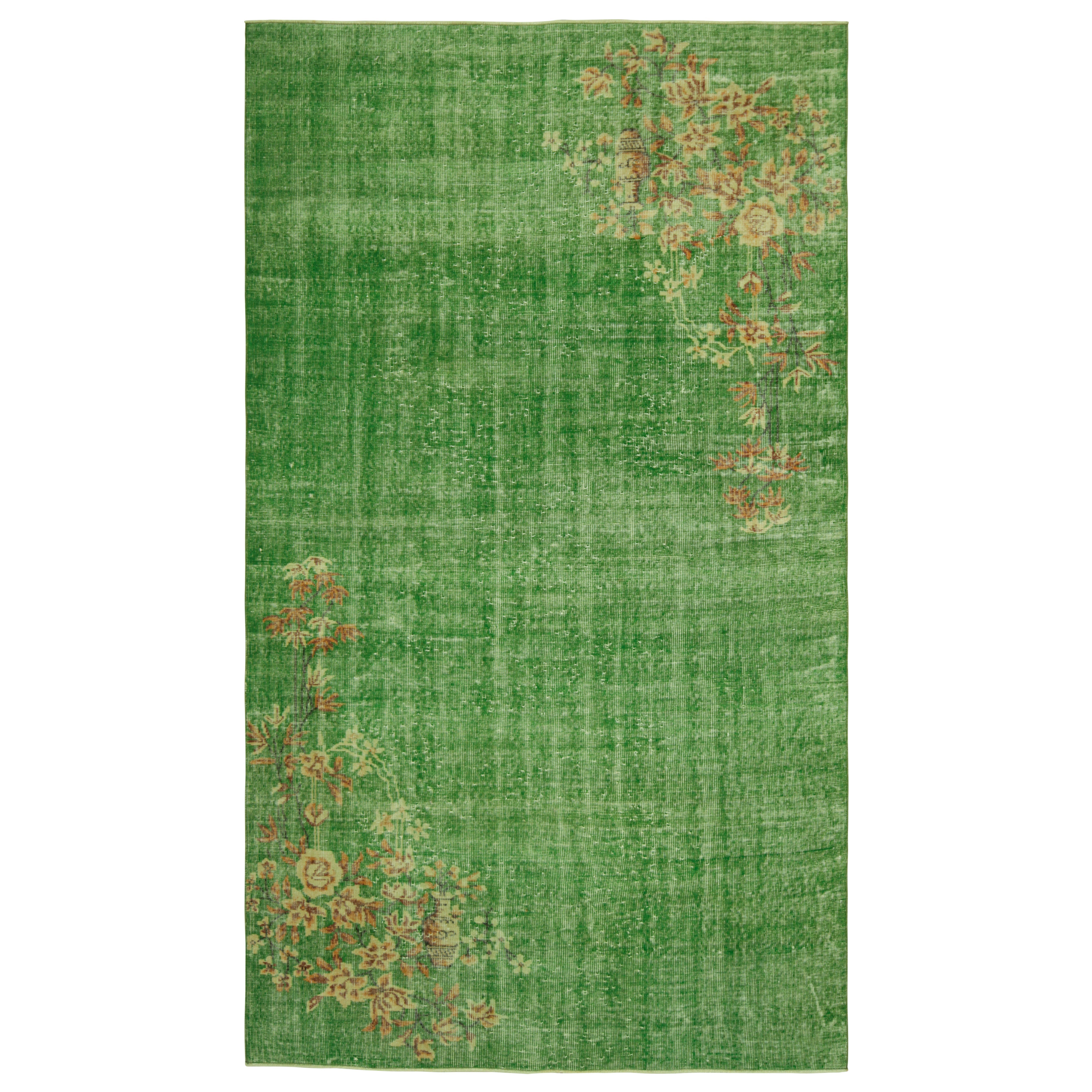 Vintage Art Deco Rug in Green with Beige-Brown Floral Patterns  Rug & Kilim