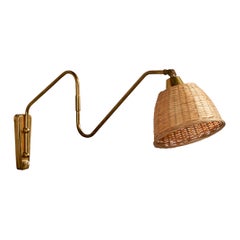 Danish Designer, Wall Light, Brass, Rattan, Denmark, 1940s