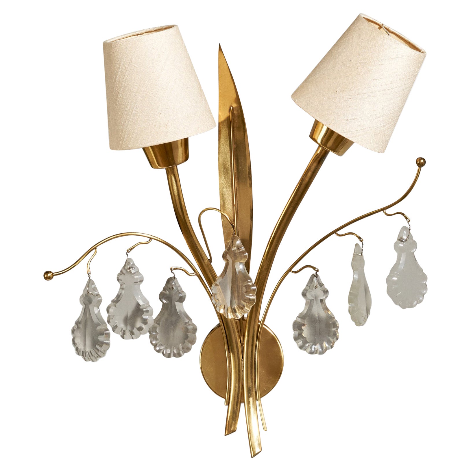 Finnish Designer, Wall Light, Brass, Glass, Fabric, Finland, 1940s