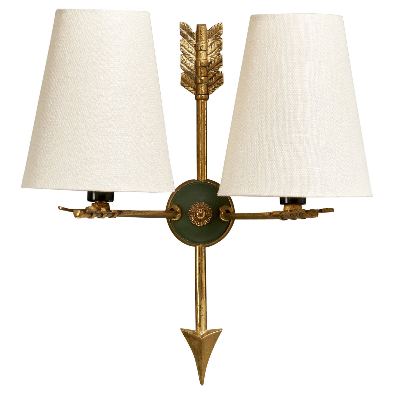 French Designer, Wall Light, Brass, Metal, Fabric, France, 1950s
