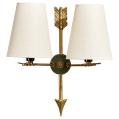 French Designer, Wall Light, Brass, Metal, Fabric, France, 1950s