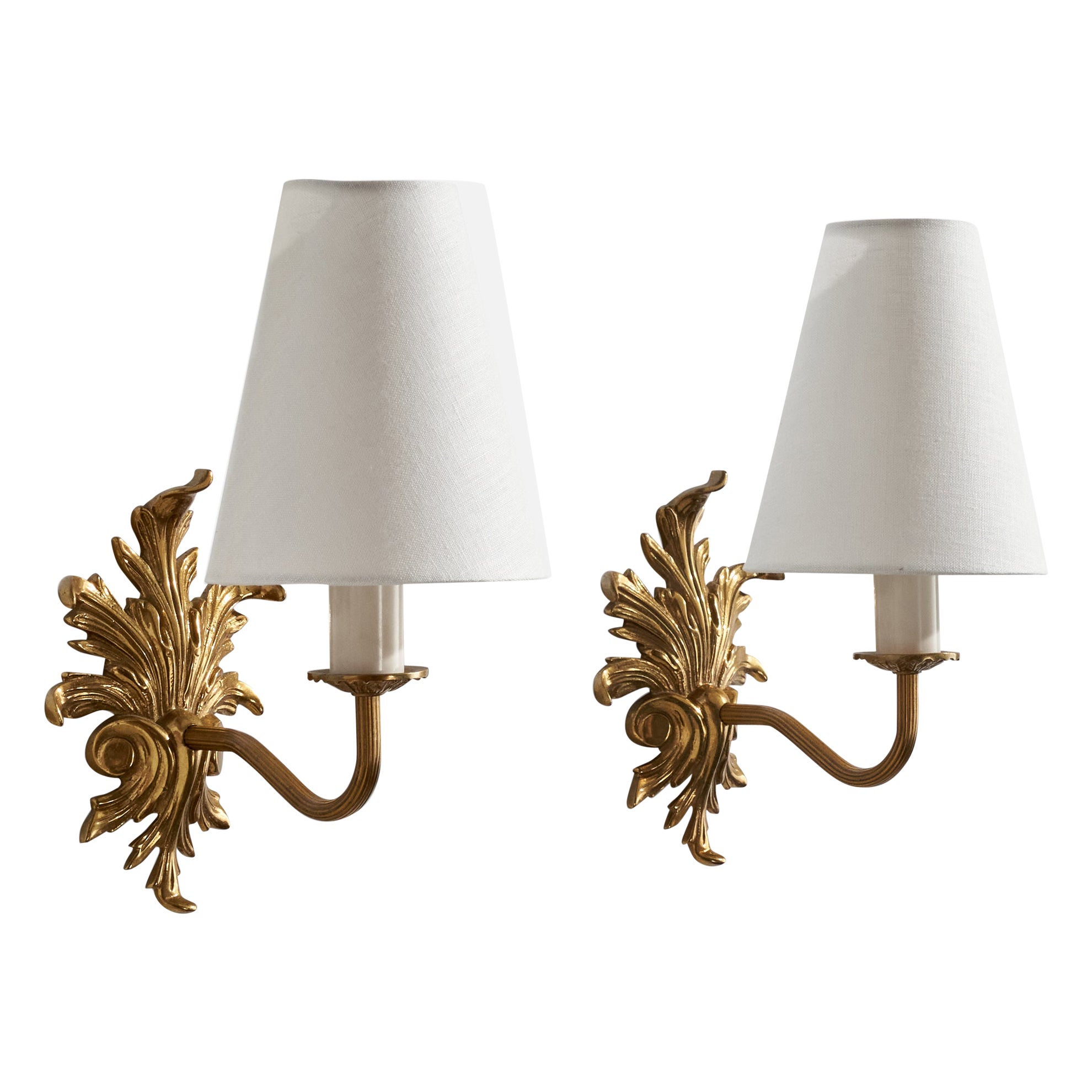 French Designer, Wall Lights, Brass, Plastic, Fabric, France, 1950s For Sale