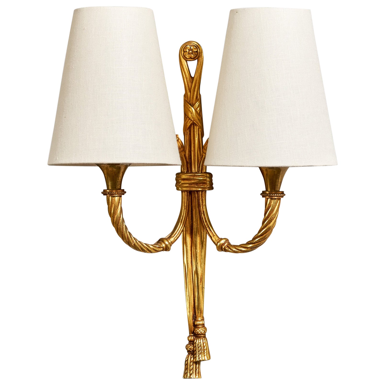 French Designer, Wall Light, Brass, Fabric, France, 1950s