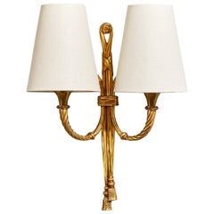 French Designer, Wall Light, Brass, Fabric, France, 1950s