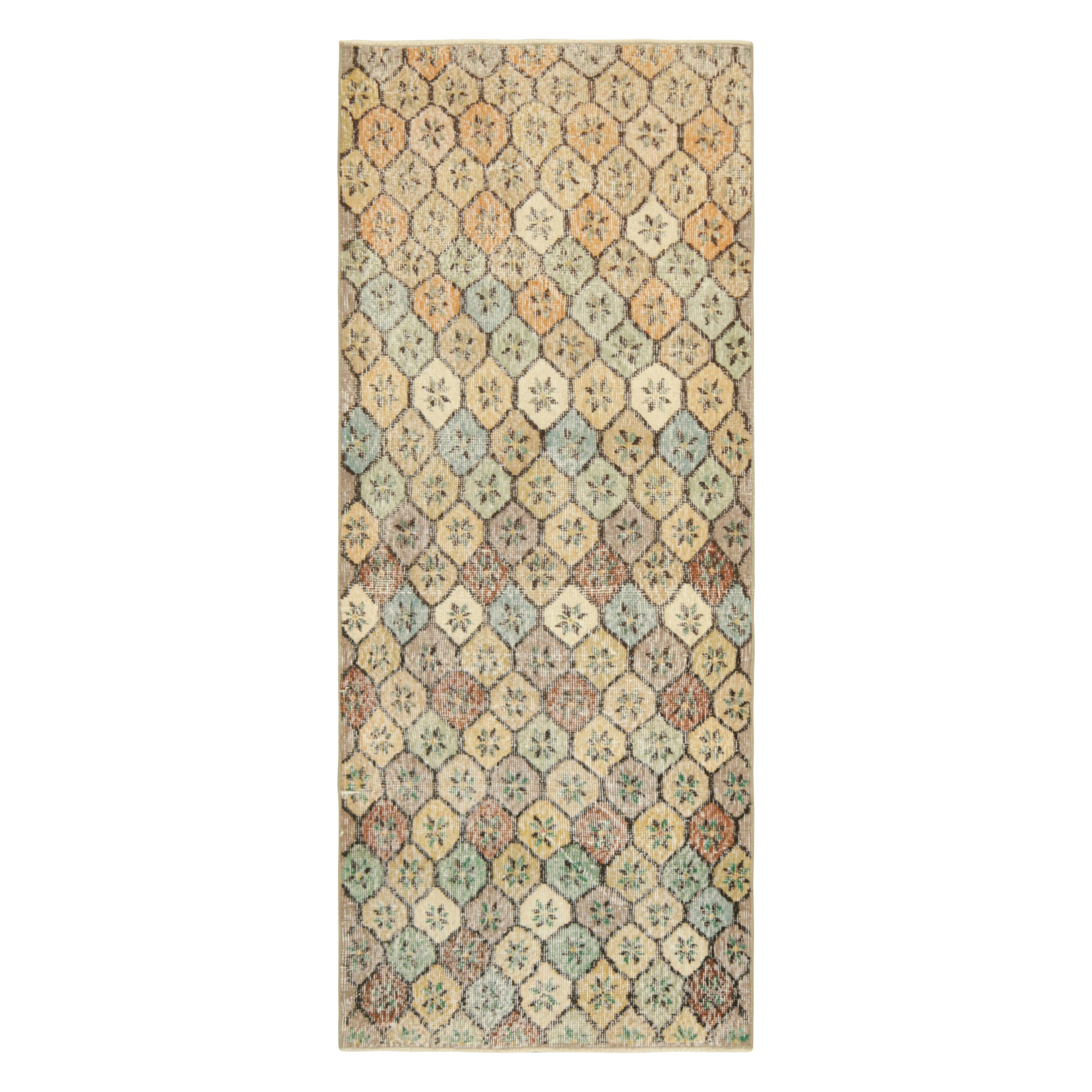 Vintage Zeki Müren Runner Rug in Beige-Brown with Geometric Pattern Rug & Kilim For Sale