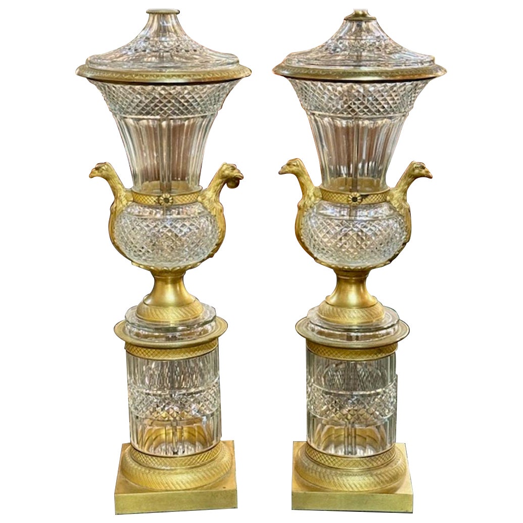 Pair of French Empire Gilt Bronze Crystal Urn Lamps For Sale