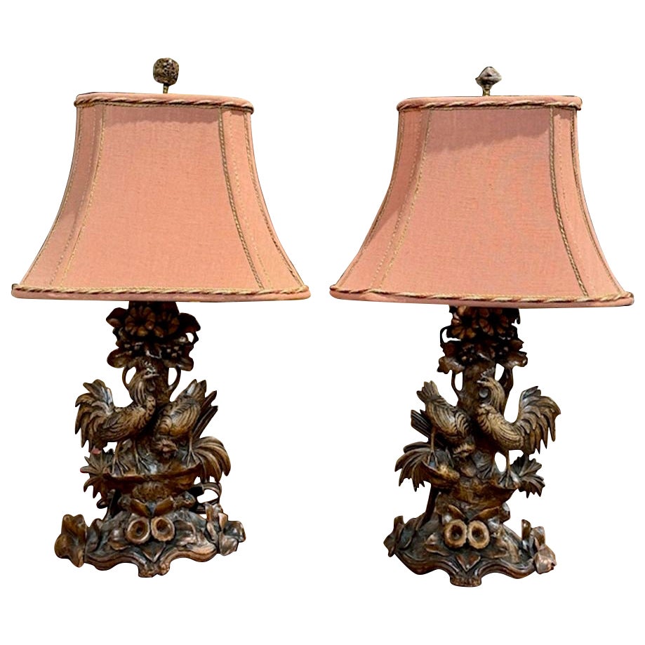 Pair of Black Forest Rooster Lamps