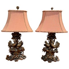 Pair of Black Forest Rooster Lamps