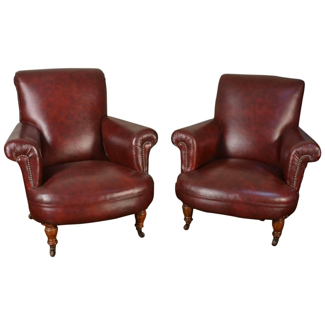 Pair of Dark Red Leather Armchairs