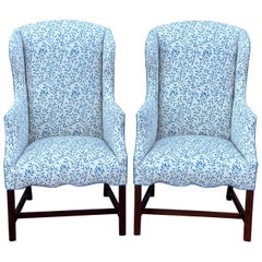 Vintage Slim Wingback Fireside Lounge Chairs in Blue & White Leaf Print