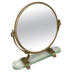 Italian mid-century modern Adjustable table mirror in brass, glass, wood, 1950s
