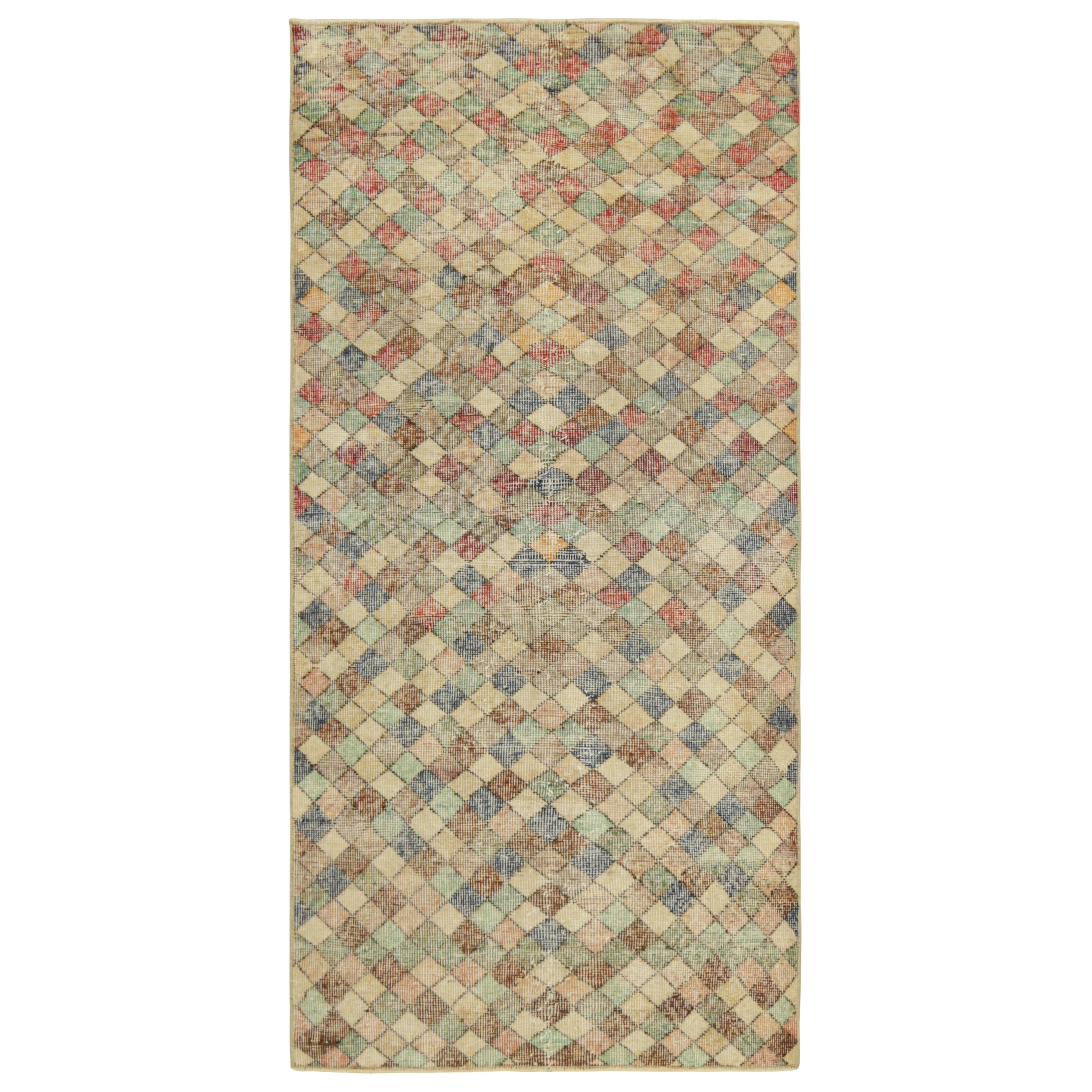 Vintage Zeki Müren Runner in Beige with Colorful Geometric Pattern  Rug & Kilim