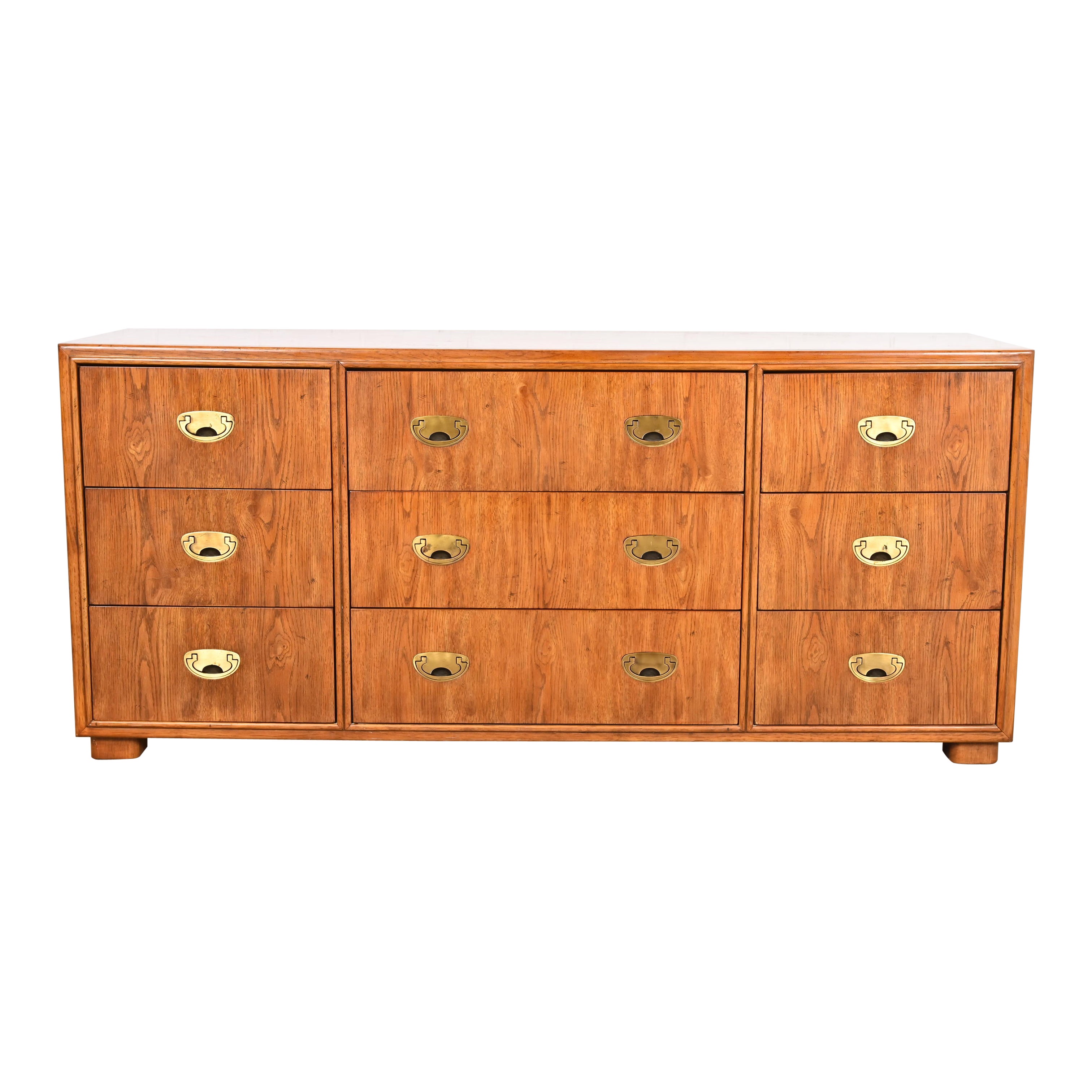 Drexel Heritage Hollywood Regency Campaign Oak Triple Dresser or Credenza