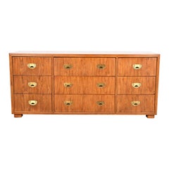 Drexel Heritage Hollywood Regency Campaign Oak Triple Dresser or Credenza