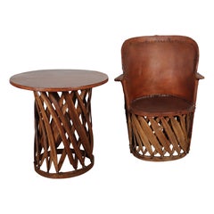 Spanish Leather and Willow Armchair and Table Set