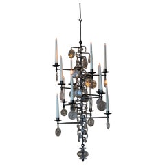 Vintage 12-Armed Glass & Iron Chandelier by Erik Höglund, 1960s