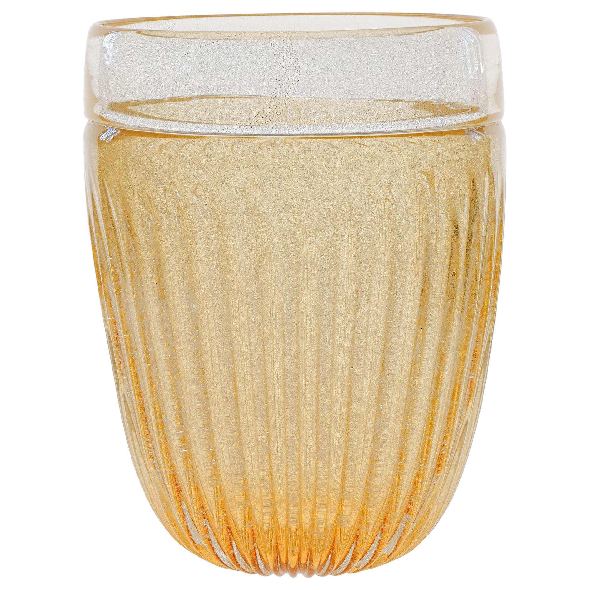 Murano glass Giant Vase, Gold leaf plain Incalmo over Ribbed Puligoso Amber body For Sale