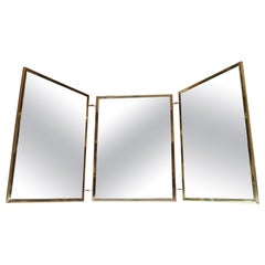Hollywood Regency- Style Brass and Silver Brocade Trifold Table / Vanity Mirror