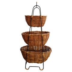 Vintage Graduated Wicker and Iron Three-Tiered Basket Stand