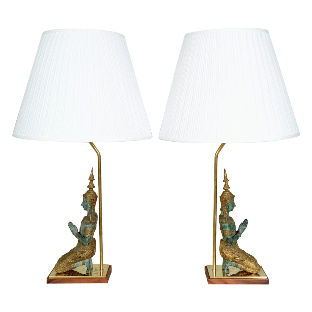Paar vergoldete thailändische Teppanom-Buddha-Tischlampen aus Bronze und Messing, 1960er Jahre, Mont-Stil, Belgien im Angebot
