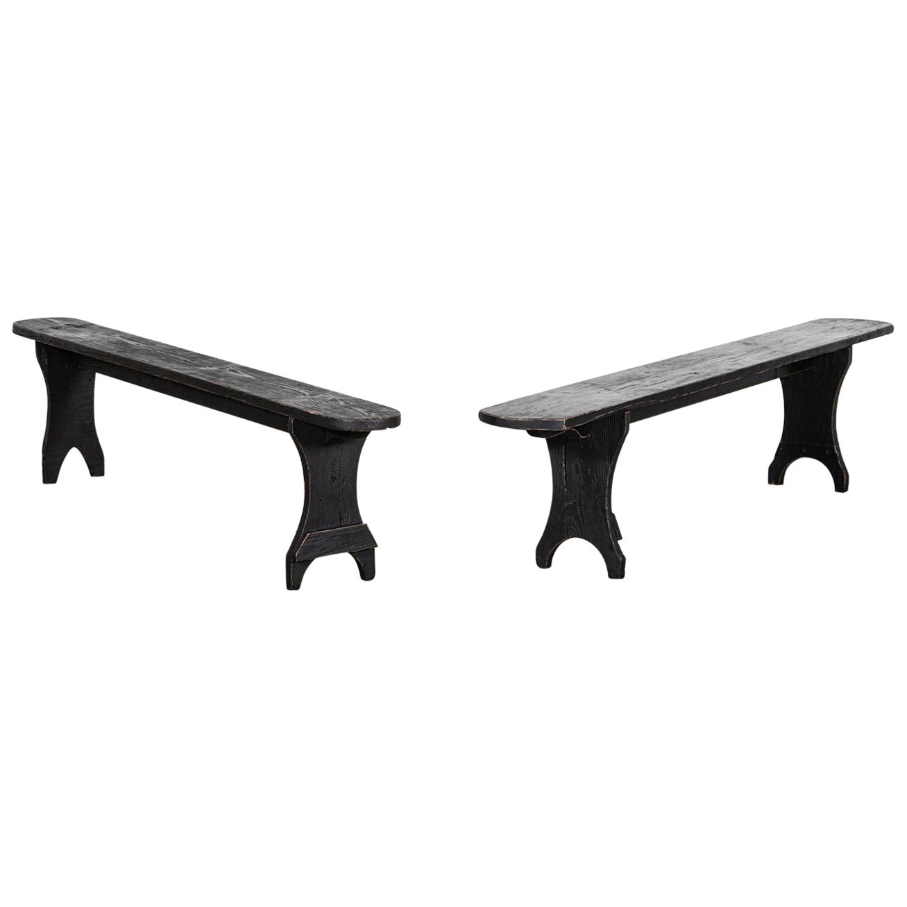 Pair 19thC French Oak & Pine Ebonised Benches