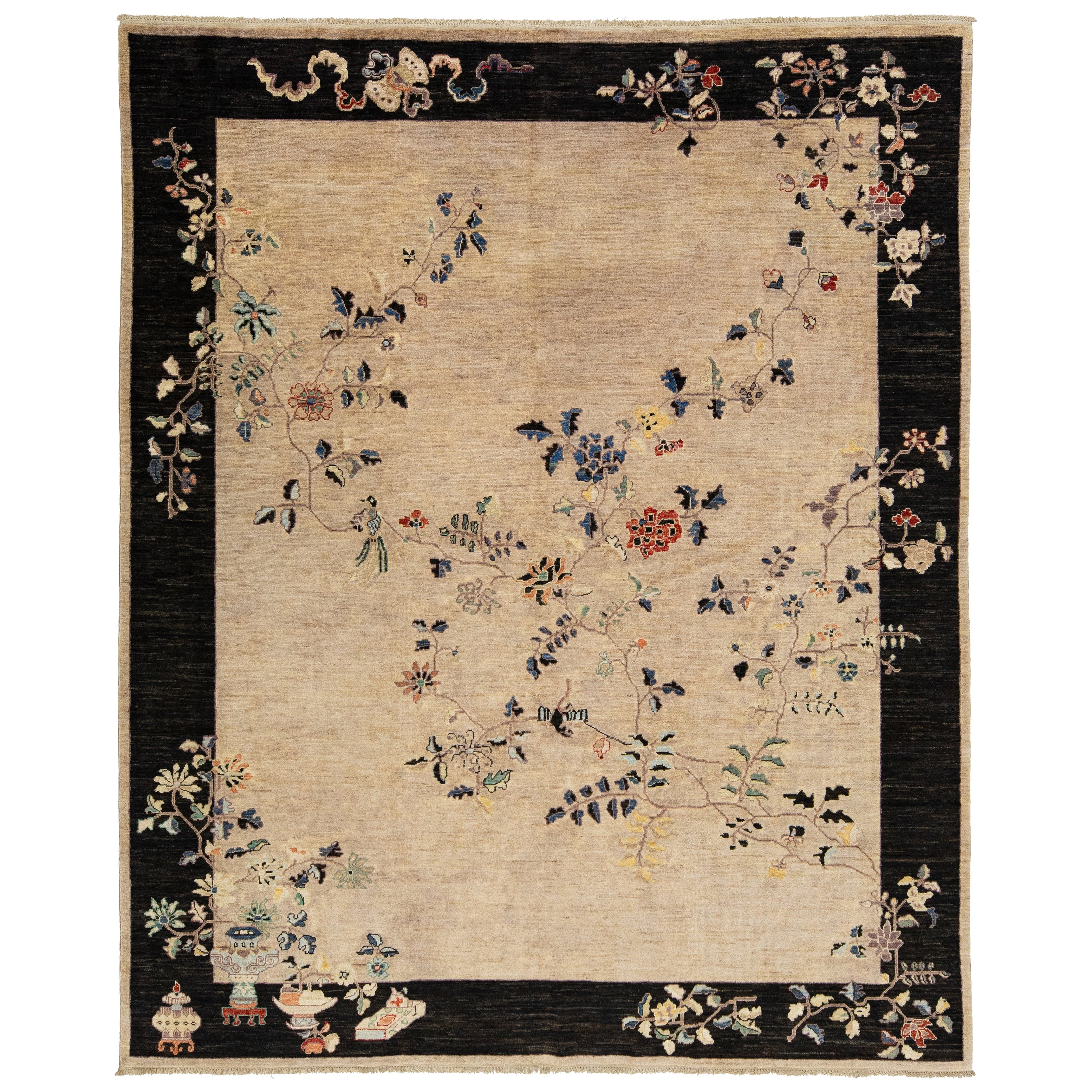 Room Size Modern Chinese Style Brown Wool Rug With Floral Motif