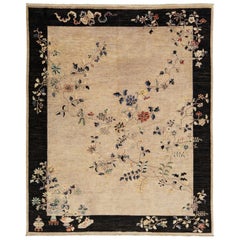Room Size Modern Chinese Style Brown Wool Rug With Floral Motif