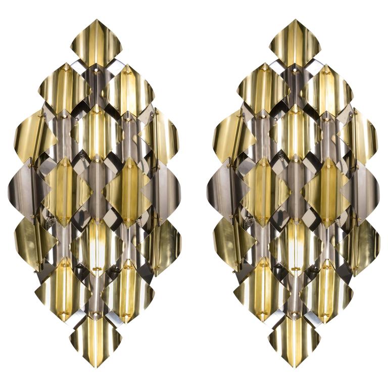 Pair of Wall Sconces in Grey and Gold Metal at 1stdibs