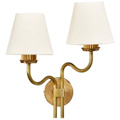 Schwedische Designerin, Wandleuchte, Messing, Stoff, Schweden, 1940er Jahre