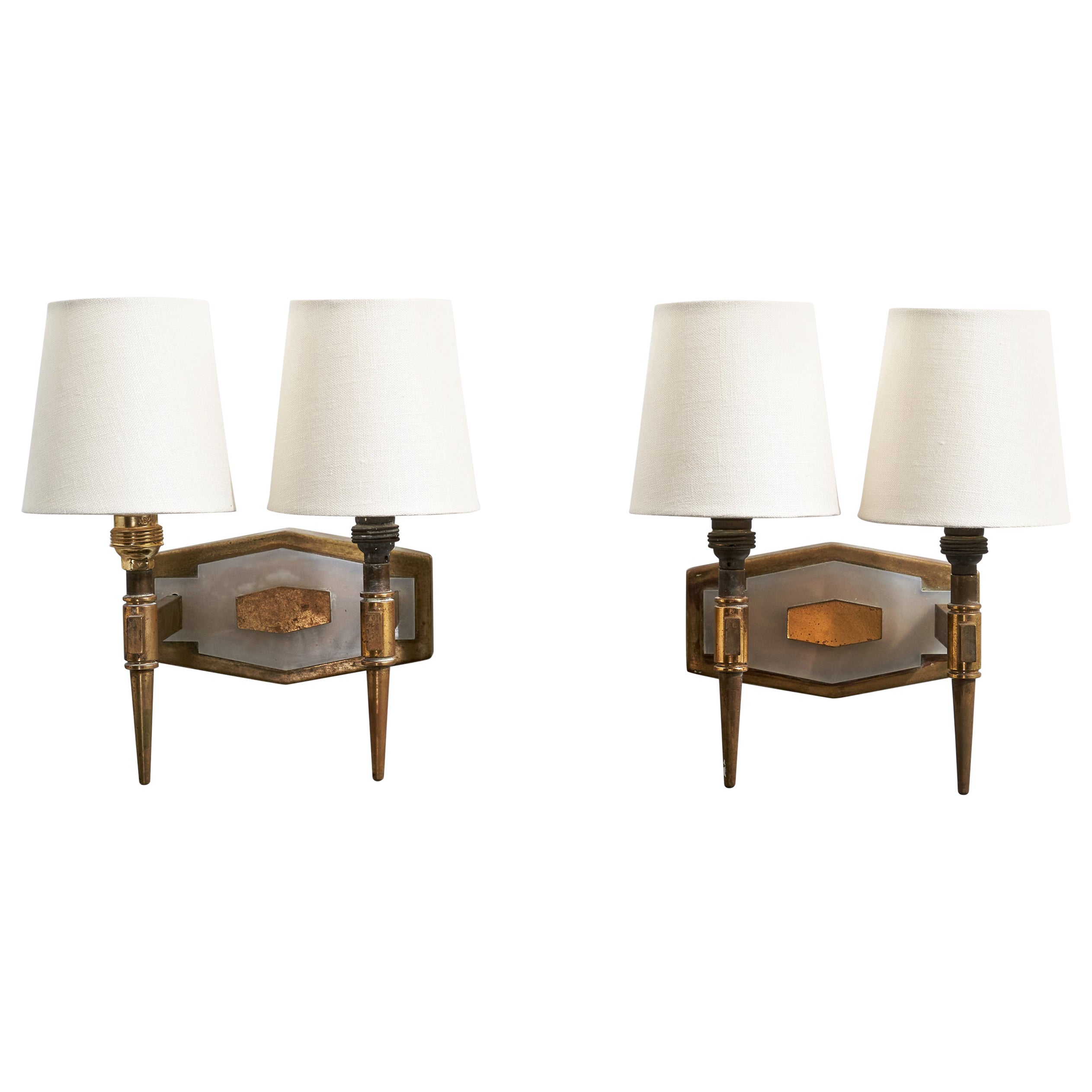 Italian Designer, Wall Lights, Brass, Acrylic, Fabric, Italy, 1950s