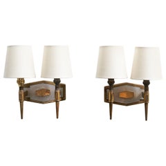 Italian Designer, Wall Lights, Brass, Acrylic, Fabric, Italy, 1950s