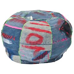 Unique Handmade Bohemian Rock and Roll Style Vintage Denim Pouffe/Floor Cushion