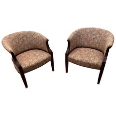 Stylish Curvy Pair of Upholstered & Mahogany Club Chairs