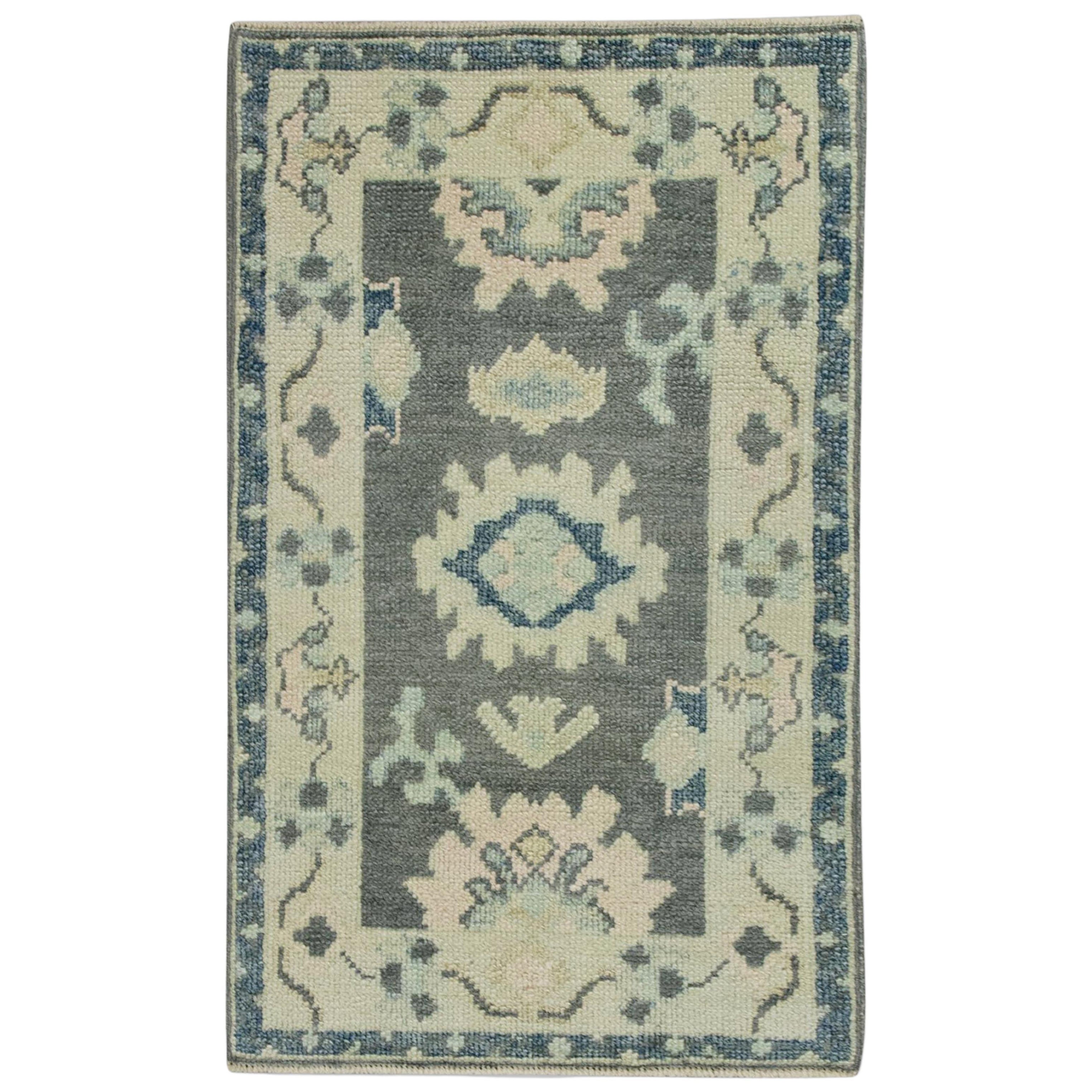 Turkish Oushak Rug Gray & Green Handwoven Wool Geometric Design 2' x 3'3"
