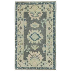 Turkish Oushak Rug Gray & Green Handwoven Wool Geometric Design 2' x 3'3"