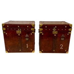 Pair Antique English Leather Covered Military Chests with Brass Mounts