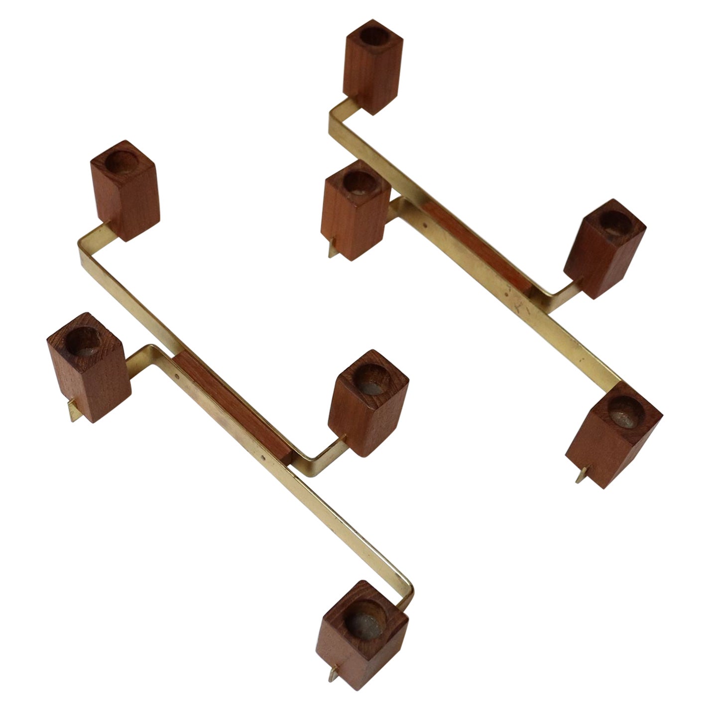 Pair of Mid-Century Modern Brass and Teak Candleholders by Lindholm of Finland