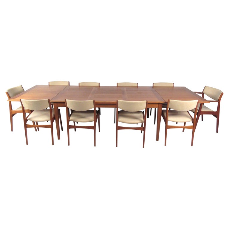 Danish Modern Dining Set with Ten Dining Chairs For Sale at 1stDibs